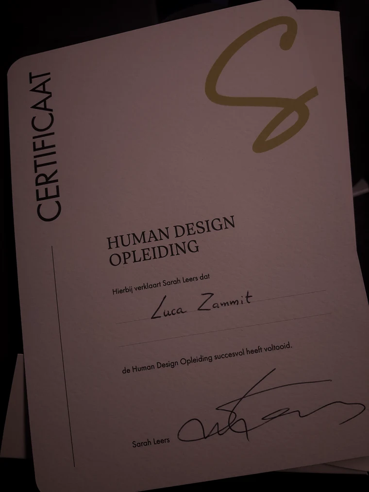 Luca's Human Design opleidingscertificaat